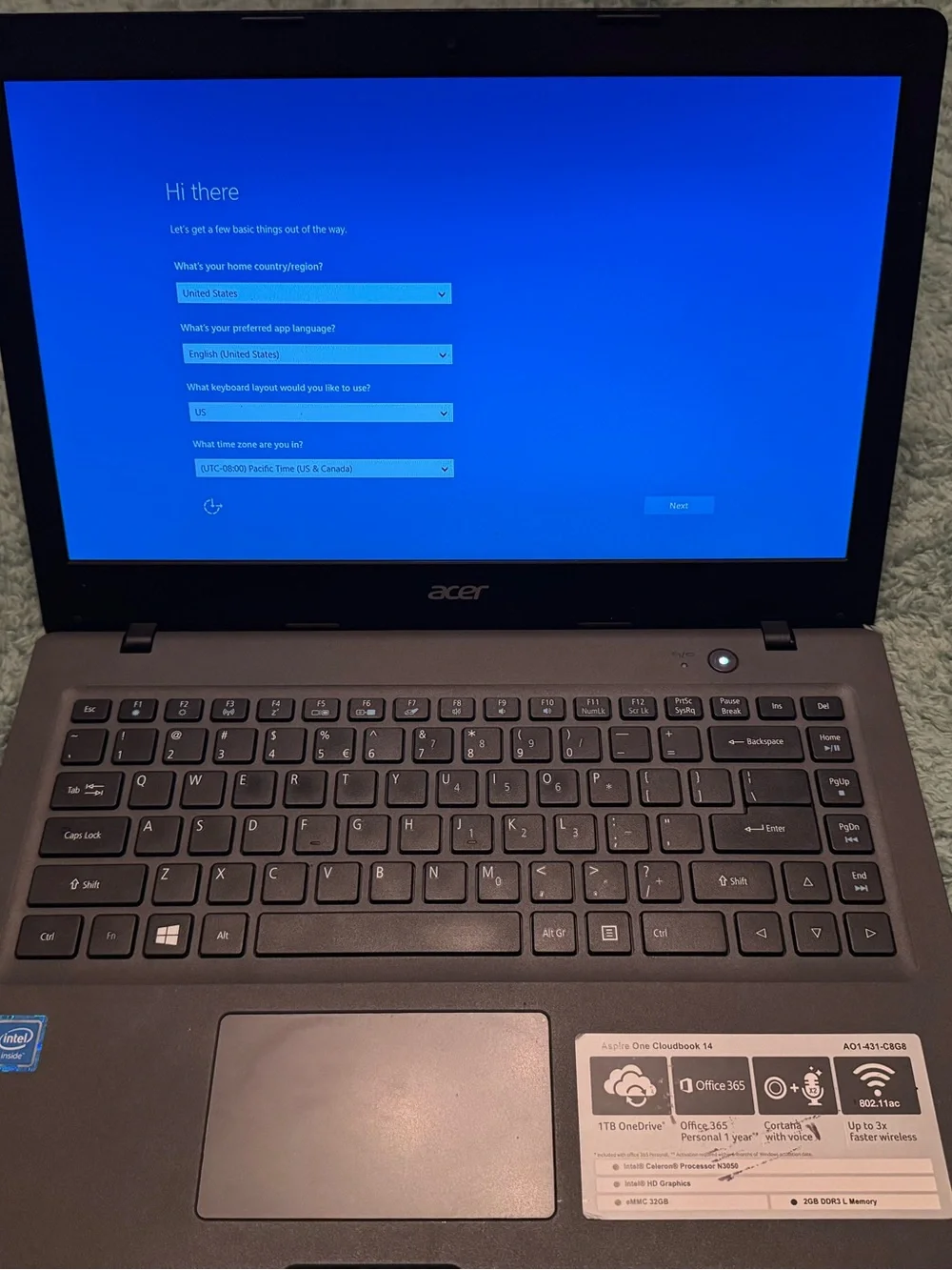 Acer Aspire One Cloudbook 14 2GB DDR3 L Memory eMMC 32GB Intel N3050